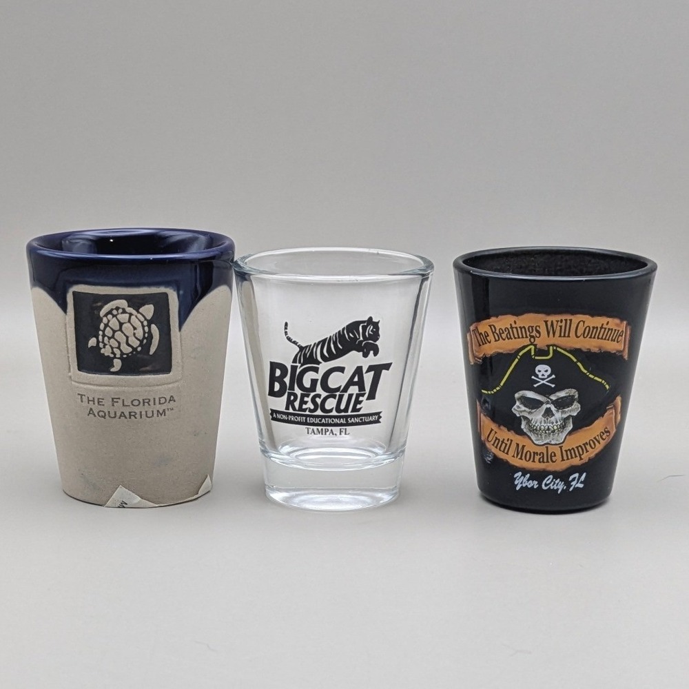 Tampa FL‎ Shotglasses Set of 3 - Ybor City, Big Cat Rescue, Florida Aquarium